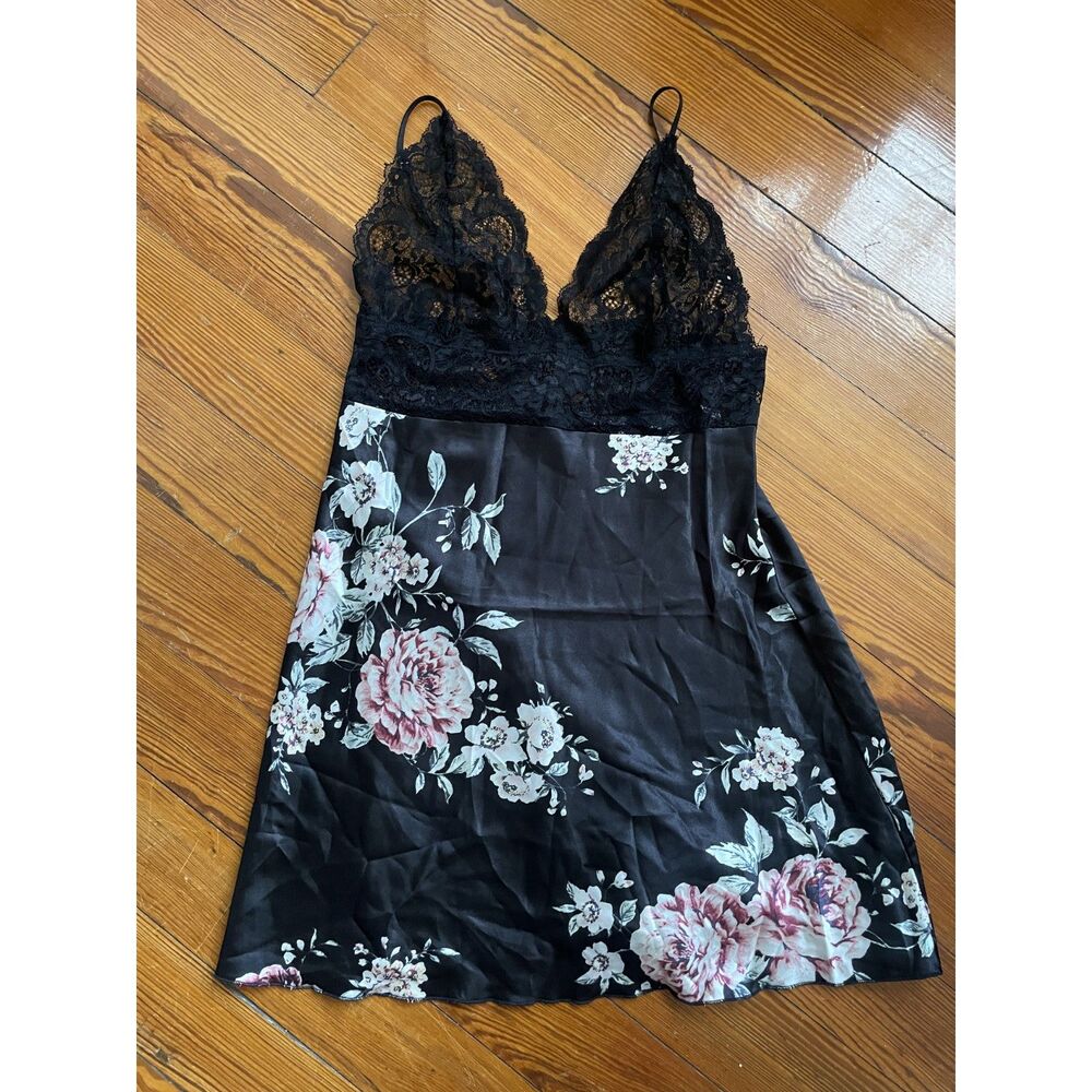 Unbranded Y2K Style Black Satin Floral Slip Dress | Lace Bodice Mini - Size S